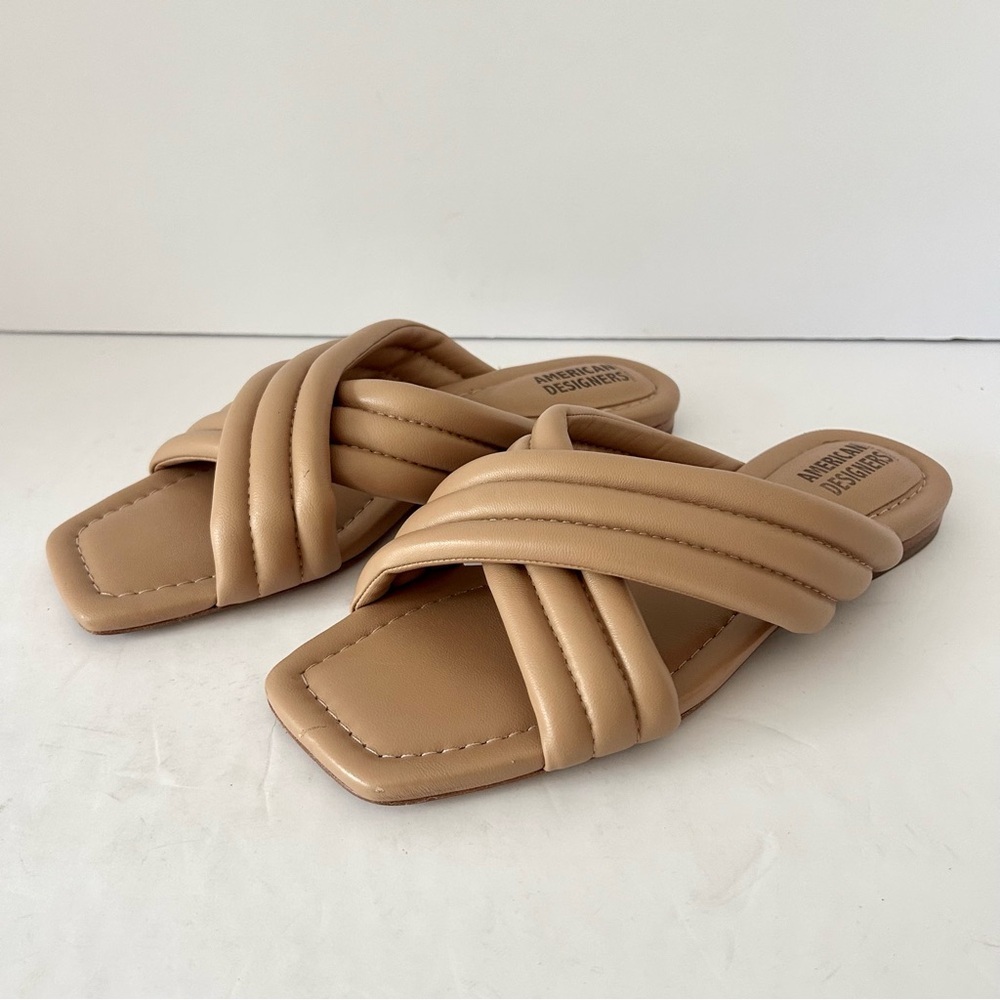 Leather Puffy Slide Strappy Sandal Shoe Spring Break Vacation Resort Tan Size 8
